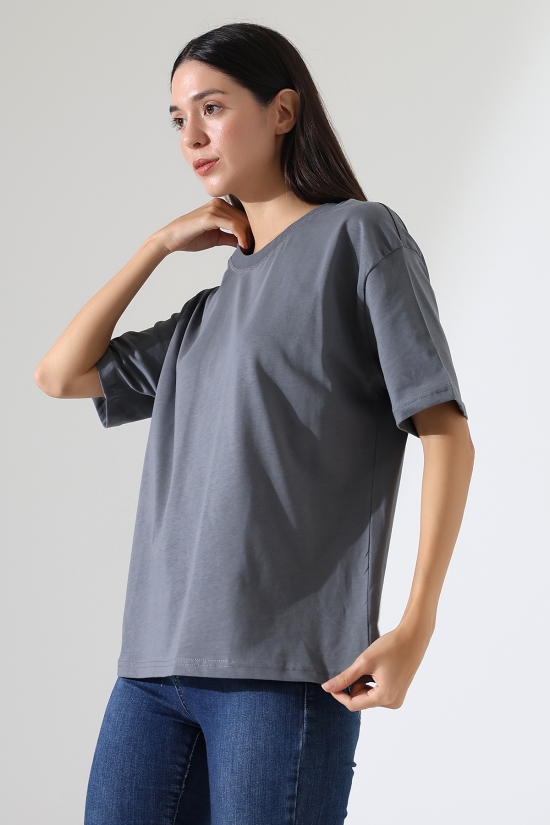 21667 KADIN KALIN FAYN PENYE KOMPAKT YAKA KAŞGORSELİ KISA KOL GENİŞ SALAŞ  TSHIRT