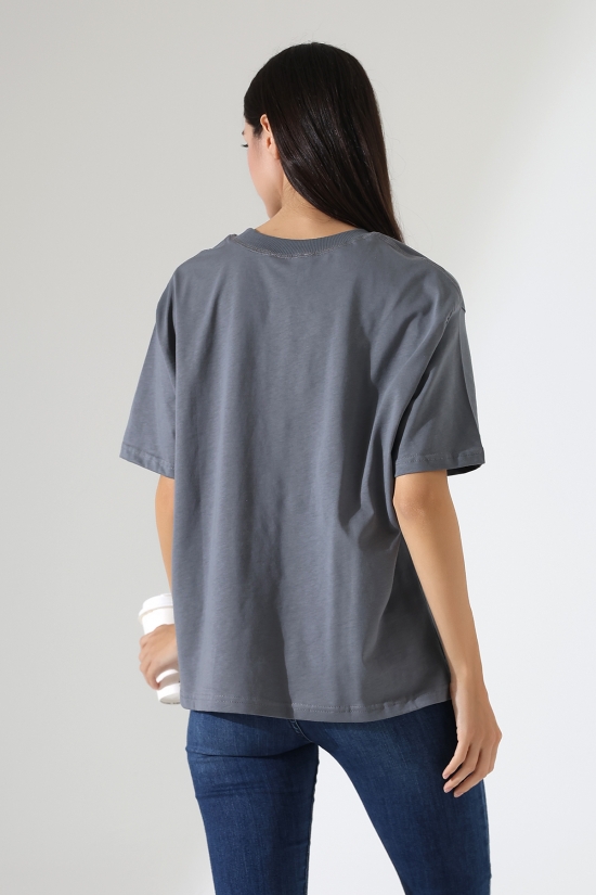 21667 KADIN KALIN FAYN PENYE KOMPAKT YAKA KAŞGORSELİ KISA KOL GENİŞ SALAŞ  TSHIRT