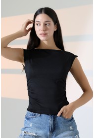 21895  KADIN KAYIK YAKA MİKRO JAPONE  KOL YANLARI BÜZGÜLÜ  TSHIRT 