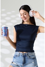 21895  KADIN KAYIK YAKA MİKRO JAPONE  KOL YANLARI BÜZGÜLÜ  TSHIRT 