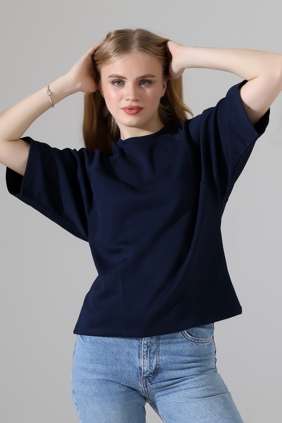 22152  KADIN SALAŞ REGLAN YARIM KOL ÖN VE ARKA BEDEN DİKEY PENSLİ BİSİKLET YAKA DOUBLEFAE YUMUŞAK DOKU  TSHIRT 