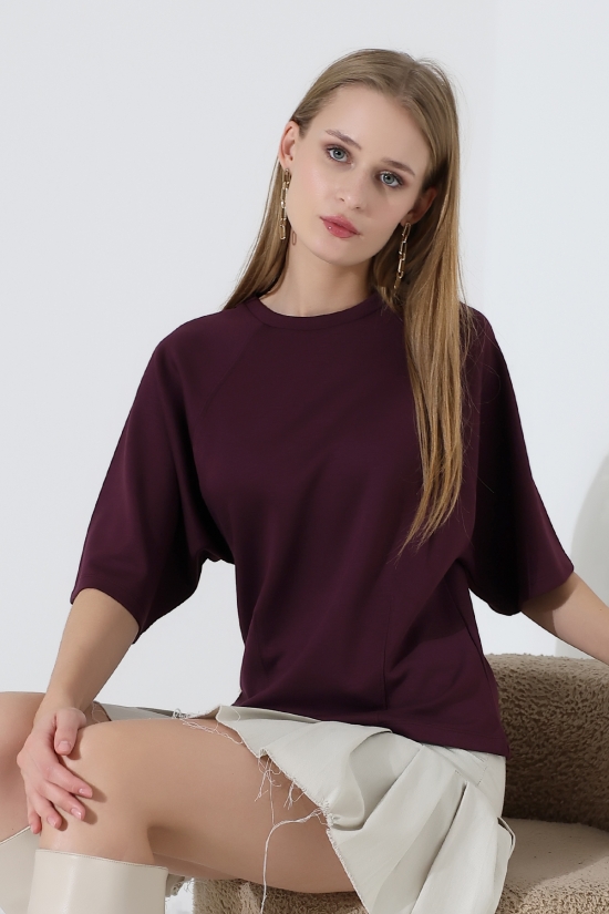 22152  KADIN SALAŞ REGLAN YARIM KOL ÖN VE ARKA BEDEN DİKEY PENSLİ BİSİKLET YAKA DOUBLEFAE YUMUŞAK DOKU  TSHIRT 