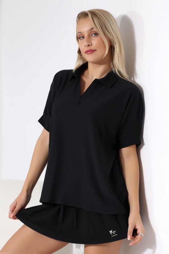 21141 KADIN BÜRÜMCÜK GÖMLEK YAKA KISA KOL OVERSİZE POLO YAKA TSHIRT 21141 KADIN BÜRÜMCÜK GÖMLEK YAKA KISA KOL OVERSİZE POLO YAKA TSHIRT