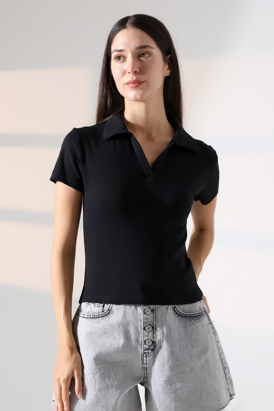 22023 KADIN FULL LYC RİBANA GÖMLEK YAKA PATLI KISA KOL TSHIRT