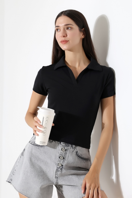 22023 KADIN FULL LYC RİBANA GÖMLEK YAKA PATLI KISA KOL TSHIRT