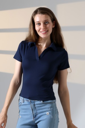 22023 KADIN FULL LYC RİBANA GÖMLEK YAKA PATLI KISA KOL TSHIRT