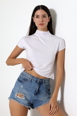 22002 KADIN FULL LYC MİKRO KENDİLİĞİNDEN DİK YAKASI KOLU ETEĞİ DİKİŞSİZ KOLU BEDENDE TSHIRT