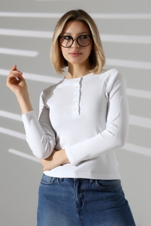 22025  KADIN KARYOKALI REGLAN UZUN KOL UZUN PATLI 5 FÜĞMELİ  FULL LYC RİBANA TSHIRT 