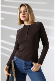 22025  KADIN KARYOKALI REGLAN UZUN KOL UZUN PATLI 5 FÜĞMELİ  FULL LYC RİBANA TSHIRT 