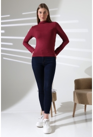 21950 KADIN KENDİLİĞİNDEN DİK YAKA  FULL LYC VİSK RİBANA UZUN KOL TSHIRT 