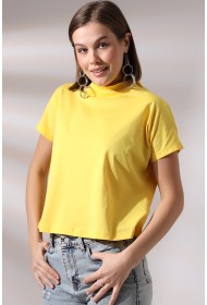 19588 KADIN DİK YAKA KISA KOLU BEDENDE PAMUKLU KISA TSHIRT