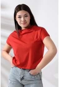 19588 KADIN DİK YAKA KISA KOLU BEDENDE PAMUKLU KISA TSHIRT