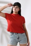 19588 BAYAN DİK YAKA KISA KOLU BEDENDE PAMUKLU KISA TSHIRT