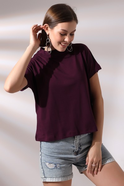 19588 KADIN DİK YAKA KISA KOLU BEDENDE PAMUKLU KISA TSHIRT