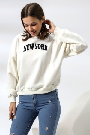 21497 NEWYORK BASK.ARKASIDA BASK. KADIN OVERSİZE  ŞARDONLU 2 İP SALAŞ GENİŞ SWETSHIRT