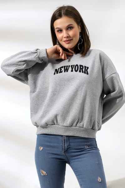 21497 NEWYORK BASK.ARKASIDA BASK. KADIN OVERSİZE  ŞARDONLU 2 İP SALAŞ GENİŞ SWETSHIRT
