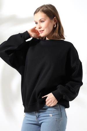 21616 KADIN 3 İP PENYE KOMPAKT ŞARDONLU OMUZLARI PARÇALI  BİSİKLET YAKA SALAŞ OVERSİZE SWEATSHIRT
