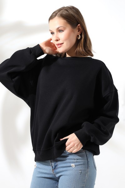 21616 KADIN 3 İP PENYE KOMPAKT ŞARDONLU OMUZLARI PARÇALI  BİSİKLET YAKA SALAŞ OVERSİZE SWEATSHIRT