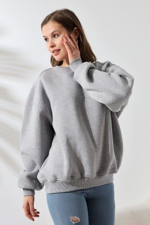 21616 KADIN 3 İP PENYE KOMPAKT ŞARDONLU OMUZLARI PARÇALI  BİSİKLET YAKA SALAŞ OVERSİZE SWEATSHIRT