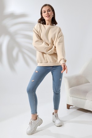 21616 KADIN 3 İP PENYE KOMPAKT ŞARDONLU OMUZLARI PARÇALI  BİSİKLET YAKA SALAŞ OVERSİZE SWEATSHIRT