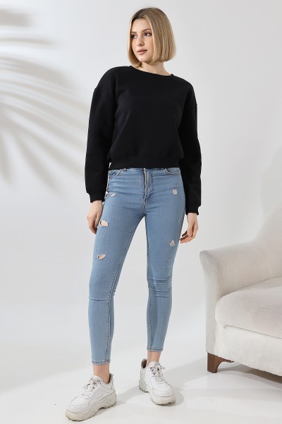 21614 KADIN 3 İP PENYE KOMPAKT ŞARDONLU GENİŞ VE KISA BİSİKLET YAKA SWEATSHIRT