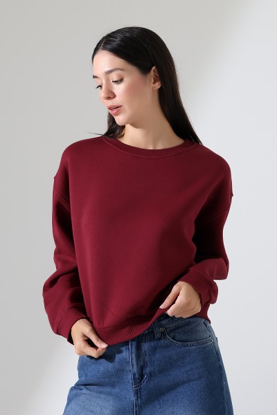 21614 KADIN 3 İP PENYE KOMPAKT ŞARDONLU GENİŞ VE KISA BİSİKLET YAKA SWEATSHIRT