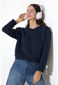 21614 KADIN 3 İP PENYE KOMPAKT ŞARDONLU GENİŞ VE KISA BİSİKLET YAKA SWEATSHIRT