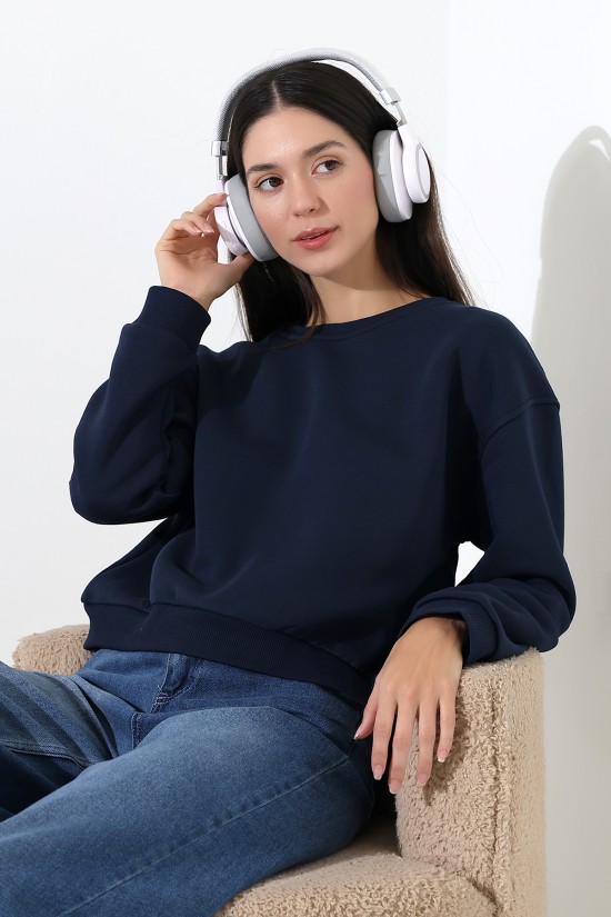 21614 KADIN 3 İP PENYE KOMPAKT ŞARDONLU GENİŞ VE KISA BİSİKLET YAKA SWEATSHIRT