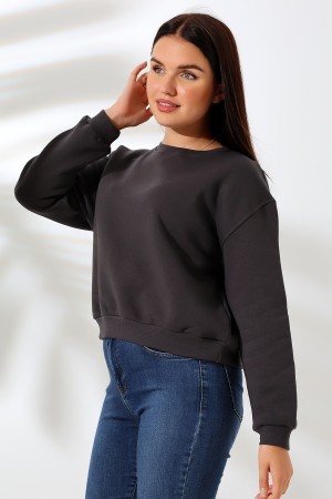 21614 KADIN 3 İP PENYE KOMPAKT ŞARDONLU GENİŞ VE KISA BİSİKLET YAKA SWEATSHIRT