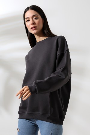 21620 KADIN 3 İP PENYE KOMPAKT ŞARDONLU  BİSİKLET YAKA SALAŞ OVERSİZE UZUN SWEATSHIRT