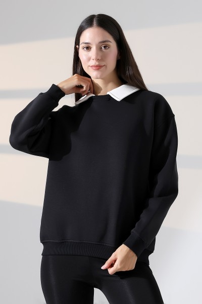 21985 KADIN 3 İP BİSİKLETVE GÖMLEK YAKALI SALAŞ GENİŞ SWEATSHIRT