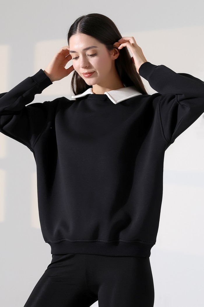 21985 KADIN 3 İP BİSİKLETVE GÖMLEK YAKALI SALAŞ GENİŞ SWETSHIRT