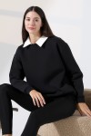 21985 KADIN 3 İP BİSİKLETVE GÖMLEK YAKALI SALAŞ GENİŞ SWETSHIRT