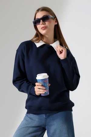 21985 KADIN 3 İP BİSİKLETVE GÖMLEK YAKALI SALAŞ GENİŞ SWEATSHIRT