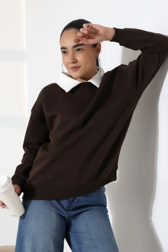 21985 KADIN 3 İP BİSİKLETVE GÖMLEK YAKALI SALAŞ GENİŞ SWEATSHIRT