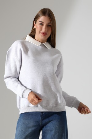 21985 KADIN 3 İP BİSİKLETVE GÖMLEK YAKALI SALAŞ GENİŞ SWEATSHIRT