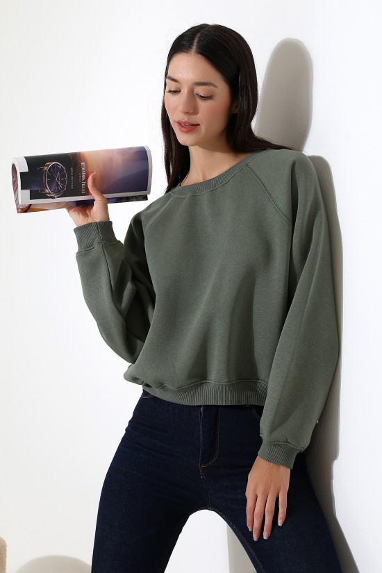 21973 KADIN 3 İP PENYE KOMPAKT ŞARDONLU KARYOKALI REGLAN KOL YANLARI KARYOKALI PARÇALI GENİŞ  BİSİKLET YAKA SWEATSHIRT