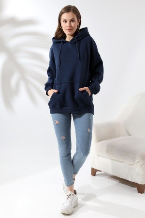 21615 KADIN 3 İP PENYE KOMPAKT ŞARDONLU SALAŞ OVERSİZE KAPŞONLU KANGURU CEPLİ SWEATSHIRT