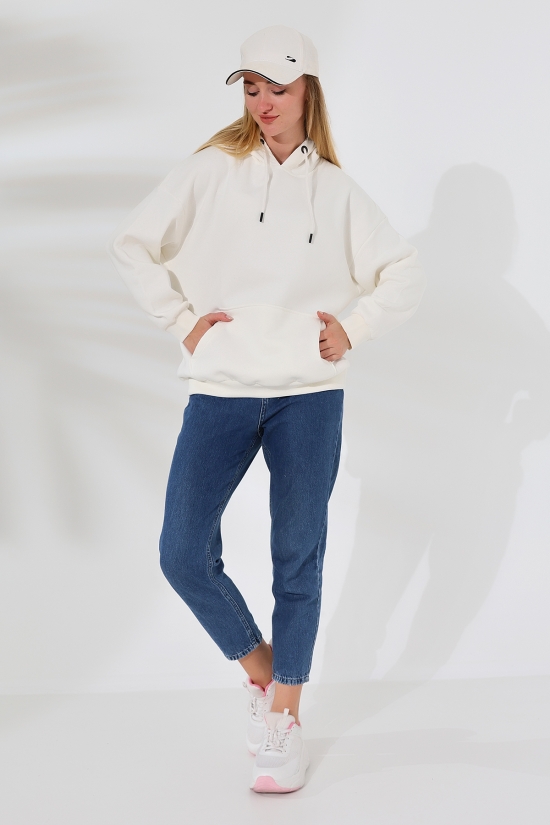 21615 KADIN 3 İP PENYE KOMPAKT ŞARDONLU SALAŞ OVERSİZE KAPŞONLU KANGURU CEPLİ SWEATSHIRT