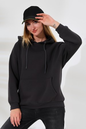 21615 KADIN 3 İP PENYE KOMPAKT ŞARDONLU SALAŞ OVERSİZE KAPŞONLU KANGURU CEPLİ SWEATSHIRT