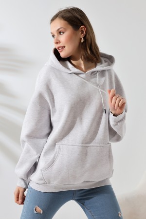 21615 KADIN 3 İP PENYE KOMPAKT ŞARDONLU SALAŞ OVERSİZE KAPŞONLU KANGURU CEPLİ SWEATSHIRT