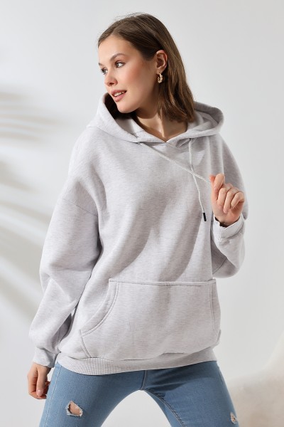 21615 KADIN 3 İP PENYE KOMPAKT ŞARDONLU SALAŞ OVERSİZE KAPŞONLU KANGURU CEPLİ SWEATSHIRT