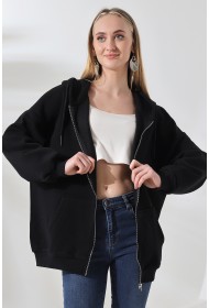 21618 KADIN 3 İP PENYE KOMPAKT  ŞARDONLU METAL FERMUARLI SALAŞ OVERSİZE KAPŞONLU KANGURU CEPLİ SWEATSHIRT