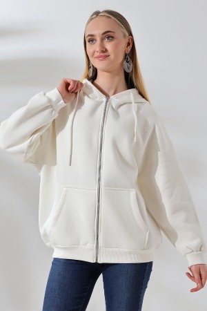 21618 KADIN 3 İP PENYE KOMPAKT  ŞARDONLU METAL FERMUARLI SALAŞ OVERSİZE KAPŞONLU KANGURU CEPLİ SWEATSHIRT