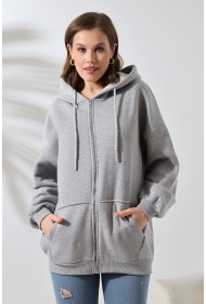 21618 KADIN 3 İP PENYE KOMPAKT  ŞARDONLU METAL FERMUARLI SALAŞ OVERSİZE KAPŞONLU KANGURU CEPLİ SWEATSHIRT