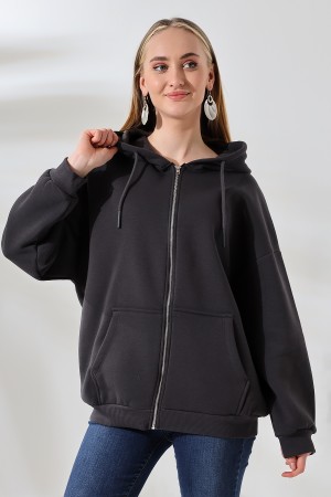 21618 KADIN 3 İP PENYE KOMPAKT  ŞARDONLU METAL FERMUARLI SALAŞ OVERSİZE KAPŞONLU KANGURU CEPLİ SWEATSHIRT