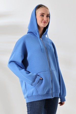 21618 KADIN 3 İP PENYE KOMPAKT  ŞARDONLU METAL FERMUARLI SALAŞ OVERSİZE KAPŞONLU KANGURU CEPLİ SWEATSHIRT