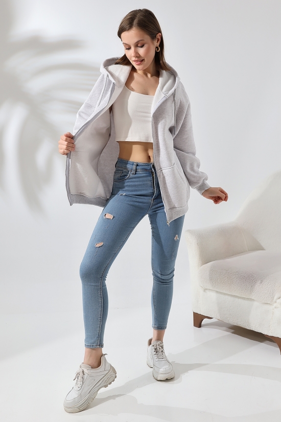 21618 KADIN 3 İP PENYE COMPACK  ŞARDONLU METAL FERMUARLI SALAŞ OVERSİZE KAPŞONLU KANGURU CEPLİ SWETSHIRT