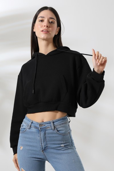 21653 KADIN 3 İP PENYE COMP. ŞARD. KAPŞONLU KANG CEPLİ GENİŞ SALAŞ KISA SWEATSHIRT