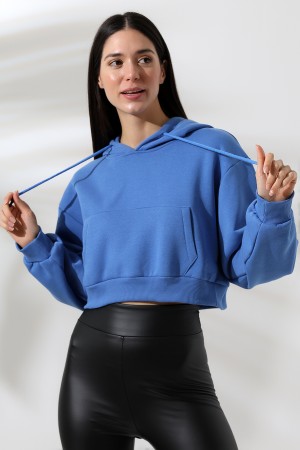 21653 KADIN 3 İP PENYE COMP. ŞARD. KAPŞONLU KANG CEPLİ GENİŞ SALAŞ KISA SWEATSHIRT